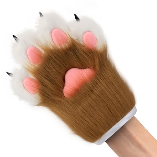 hbbhml Kunstpelz Plüsch pelzige Katze Kralle Handschuhe Fursuit Tier Fuchs Pfoten Fäustlinge Halloween Kostüm Zubehör für Erwachsene