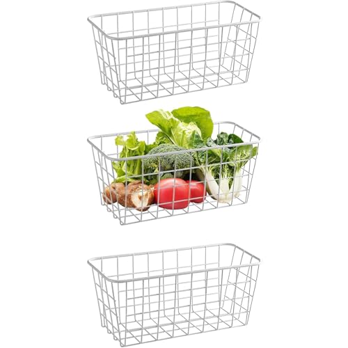 Bhina 3 Pièces Paniers de Rangement en Métal Paniers de Rangement en Fil Métallique avec Poignées Panier Filaire en Fer Creux pour Armoire de Cuisine, Garde-Manger, Placard, Chambre, 21x16x9 cm, Blanc