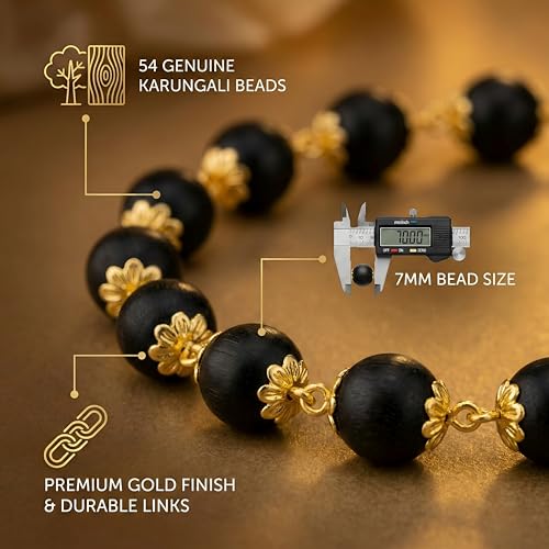 Image of Gratify Original Karungali Mala 54 Beads (7mm) for Men & Women | Authentic Black Ebony Wood Mala with Gold Plated Metal Caps | Spiritual Necklace for Meditation, Prayer, Energy Balance & Positive Vibes