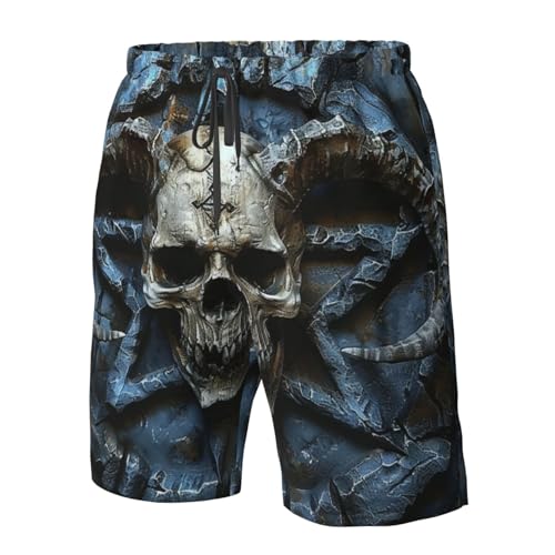 Skull and Horns Evil Pentagram Satanic Death and Dark Men's Quick Dry Swim Shorts, Mesh Lined Beach Trunks with Pockets2