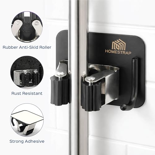 Image of HomeStrap Stick-On Mop & Broom Holder with Rubber Grip | Stainless Steel Wall Holder with Hook for Mops, Brooms, Wiper & Towels | No Drilling Waterproof Self-Adhesive Hook for Daily Use | Set of 2