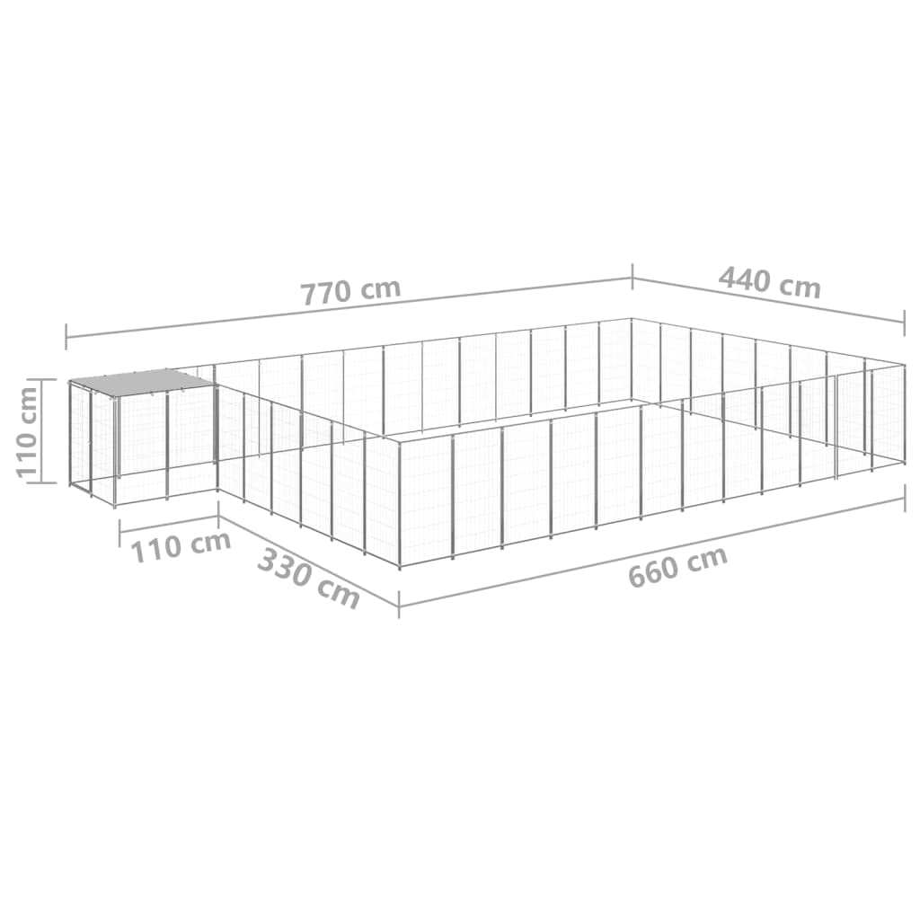 Perrera de perro plateada de acero con recubrimiento en polvo con superficie de 30,25 m², techo de polietileno resistente al agua, puerta con cerradura, caño grande, protección segura para cachorros y