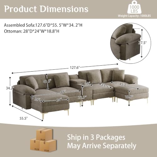 Image of OUYESSIR U-Shaped Sectional Sofa Couch, 4 Seat Sofa Set for Living Room, Convertible U-Shaped Chenille Couch Set with USB Port Central Console Ottoman,128 inches (Light Brown)