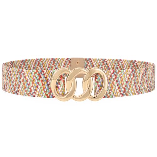 JASGOOD Wide Straw Woven Stretchy Belt for Women Boho Braided Elastic Dress Waist Belt for Ladies,Multicolor