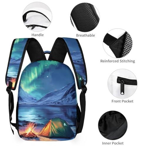 Camping in Northern Lights Funny Backpack Sets Lightweight 3Pcs Daypack Set with Lunch Box and Pencil Case for Women Men3