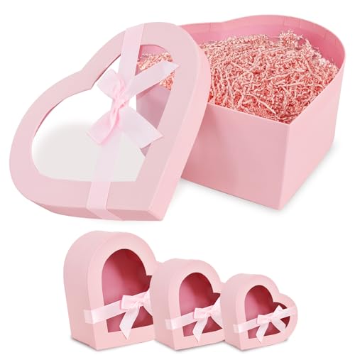BEISHIDA Set of 3 Mothers Day Heart Shaped Box for Flowers Chocolate and Strawberries Mom Gift Box with Clear Lids for Presnet Flowers -Pink