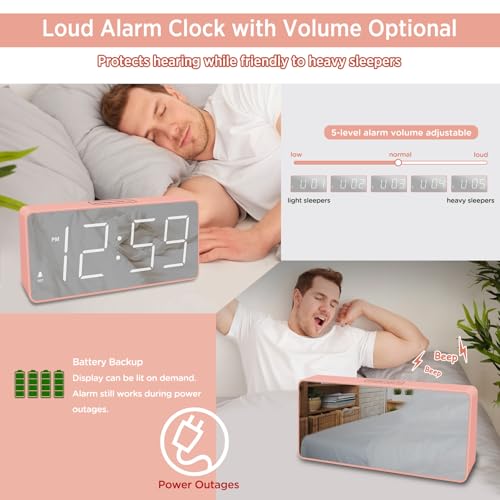 Image of Peakeep Digital Clock, Alarm Clock Battery Backup Powered for Bedrooms - Mirror Face Large Numbers 6 Dimmers for Seniors, Super Loud for Heavy Sleepers (Pink)