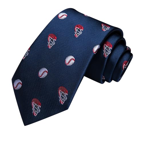Image of Hi-Tie Blue And Red Baseball Necities for Men Set Woven Classic Tie and Pocket Square Lapel Pin Silver Tie Clip Cufflinks Set Wedding Business 6PCS