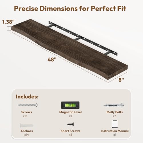 Image of Vivelove Wood Floating Shelves Live Edge 48 inch Set of 1, Dark Walnut