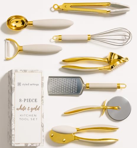 White & Gold Cooking Utensils Set - Luxe 8-Piece Kitchen Gadget Set Includes Can Opener, Tongs and Garlic Press - Stylish White and Gold Kitchen Accessories for Modern Kitchens, Ideal for Gifting