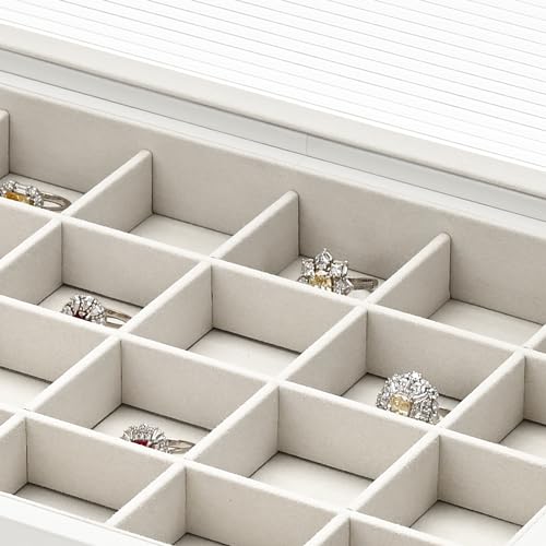 Leather 24Grids Jewelry Organizer Box with Acrylic Lid Premium Large Jewelry Box Bracelet Bangle Watch Jewellry Display Case(White)