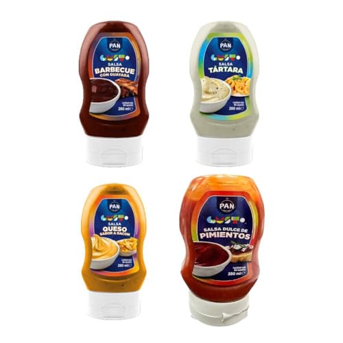 Pack de 4 Salsas Sabor a Queso, Tártara, Pimientos Barbecue, para Todo Tipo de Comidas