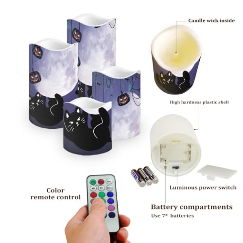 Image of Black Cat Electric Flameless Candles with Remote Control | Halloween Flameless Candle Set with Timer, Battery Operated Fake Candles for Living Room Table Centerpieces