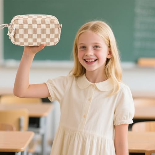Image of Bluboon Big Capacity Pencil Case Pencil Pouch Pen Case School Supplies Cute Pencil Box Pencil Bag for Teen Girls Boys Women Man (Brown White Checked)