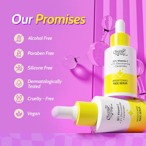 Image of Chemist At Play 10% Vitamin C Serum for Glowing Skin | Pigmentation & Dark Spots | Skin Brightening Face Serum | With Ethyl Ascorbic Acid, Lactic Acid & Glucosamine | For Men & Women | 10 ml
