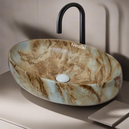 NEROBI Designer Counter Top Wash Basin | Tabletop Ceramic Bathroom Sink | Wash Basin Over Counter | Wash Basin For Bathroom, Living Room (24 x 15 x 6 Inch) (Glossy Brown N White) (B0CPVLQ9VB) Amazon Price History, Amazon Price Tracker
