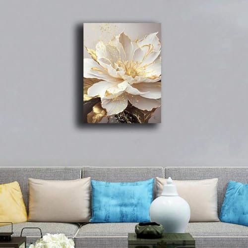 Peinture pivoine blanche et feuilles dorées grand format 60x90 cm encadré