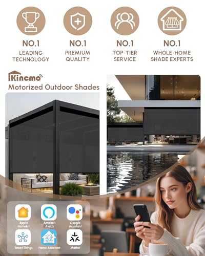 Image of Kincmo Motorized Outdoor Shades for Patio Porch, Custom Outdoor Motorized Blinds with Remote, Waterproof & Windproof Patio Shades Work with Apple Home,Alexa,Google (Dark Grey-1% Openness)
