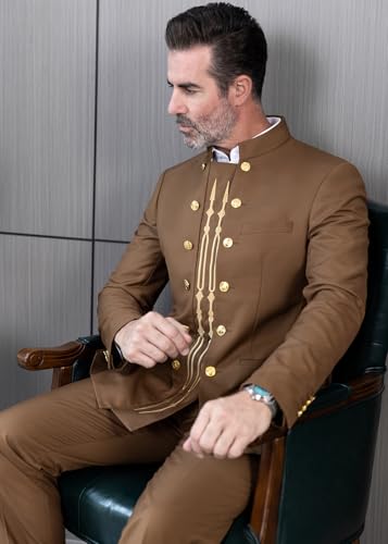 Men 2 Pieces Chinese Mandarin Collar Embroidered Blazer Jacket Pant Set Chinese Hanfu Traditional Uniform3