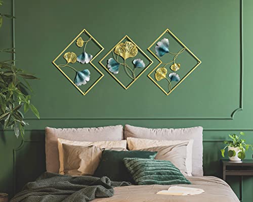 Pinetree Art Large Metal Wall Art Gold And Blue Decor For Living Room, 3D Ginkgo Leaf Wall Sculptures Decor For Bedroom Modern Home Office Decoration, Ready To Hang (60" X 27.6") #TOP4