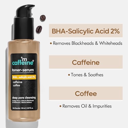 Image of mCaffeine BHA-2% Salicylic Acid 2in1 Toner-Serum with Coffee for Deep Pore Cleansing | Removes Blackheads & Whiteheads, Unclogs Pores & Retains Moisture | Face Toner Serum for Women & Men -150ml