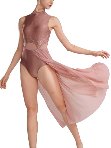 Foto von iEFiEL Damen Tanzkleid mit Strass Mesh Ballettkleid Ballett Trikotanzug Jumpsuit Tanzbody Overall Gymnastik Wettbewerb Tanzkostüm Hellbraun XL