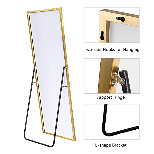 Image of NeuType 51 inchx16 inch Full Length Mirror with Standing Holder Aluminum Alloy Frame Floor Mirror Wall-Mounted Mirror for Living Room, Bedroom, Hanging or Leaning Against Wall, Golden (with Stand)