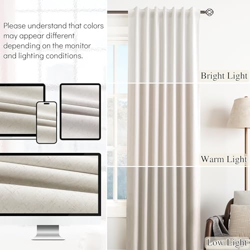 Guken Cream Natural Light 100% Blocking Linen Curtains 120 Inches Long Blackout Thermal Insulated Home Decor Curtain for Dining Room Farmhouse Textured Back Tab Hook Belt 2 Panel Sets 52x120 10Ft by Guken - Image 7