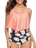 Summer Mae Women's Tankini Swimsuit Ruffle Flounce Top High Waisted Bottom Bikini Set Tummy Control Bathing Suit Orange Large