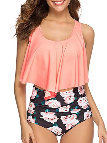 Summer Mae Women's Tankini Swimsuit Ruffle Flounce Top High Waisted Bottom Bikini Set Tummy Control Bathing Suit Orange Large