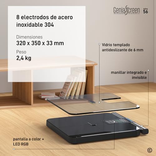 Bascula Bioimpedancia Digital con Pantalla LCD hasta 220Kg GeniaScreen - 56 Mediciones para Masa Muscular Grasa IMC con App - Báscula de Peso Corporal Alta Precisión Wi-Fi Bluetooth 8 Electrodos - imagen 4