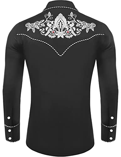 JoZorro Men's Long Sleeve Pearl Snap Shirt Rhinestone Cowboy Cut Western Embroidered Casual Button Down Shirt2