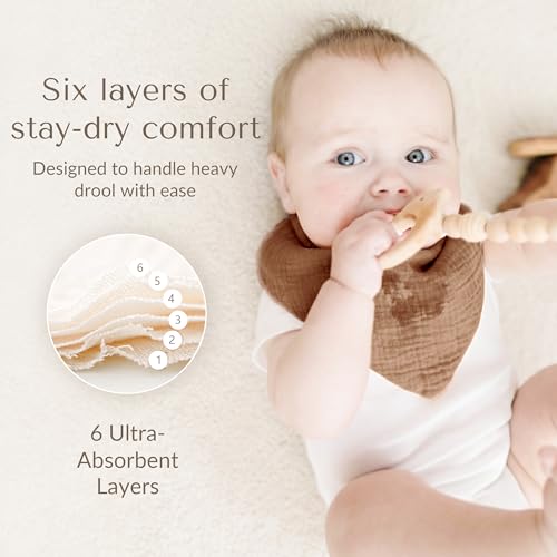 Image of Konssy 10 Pack Baby Muslin Bandana Bibs for Drooling and Teething | 100% Cotton Bibs for Boy Girl, Soft Absorbent 6-Layer Thick Cloth, Pre-Washed Less Shrinkage, Newborn Infant Toddler