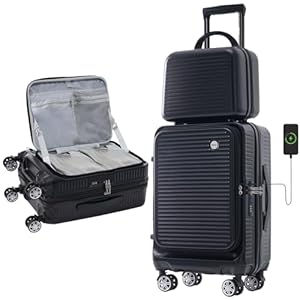Merax 20 Inch Carry On Luggage with Wheels Top Opening Hard Shell Suitcase USB Port TSA Luggage Suitcases for Travel Woman Men(Black)