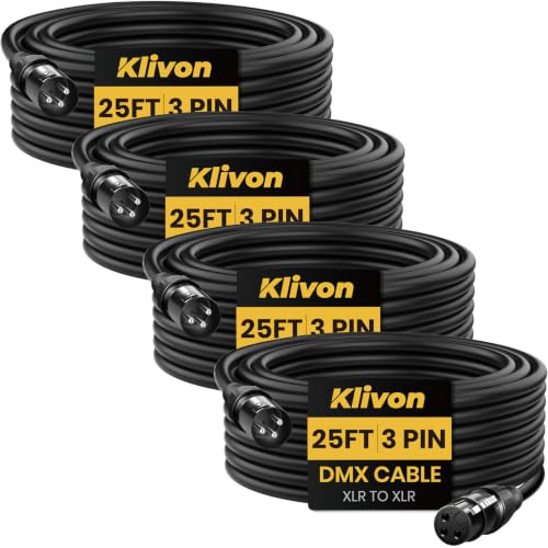 DMX Cable 25ft 4 Pack, Klivon 3-Pin DMX Signal Cables for DMX512 Light