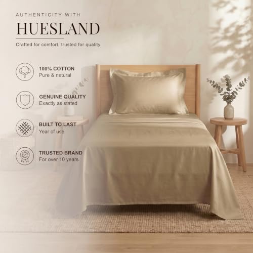 Image of HUESLAND 300 TC Soft Pure Cotton Sateen Weave Bedsheet for Single Bed with Pillow Covers - Luxury Collection | Sand Dune | 88 x 55 inches