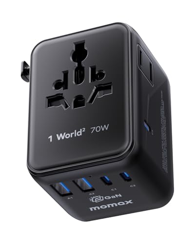 MOMAX Mini 7-in-1 Universal Travel Adapter, GaN 70W Dual AC, 3 USB-C & 2 USB-A, Travel Essentials for 200+ Countries – International Charger for Laptop, Phone, US/EU/UK/AU Plug