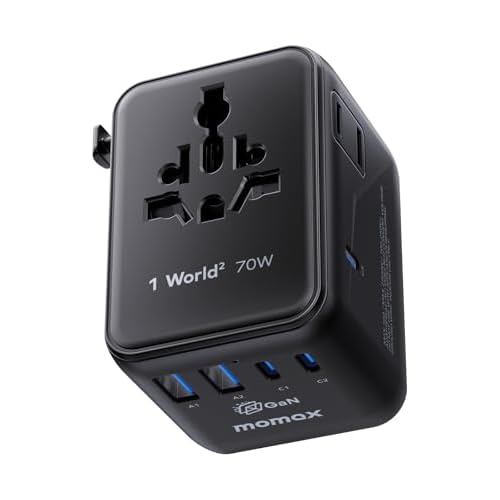 MOMAX Mini 7-in-1 Universal Travel Adapter, GaN 70W Dual AC, 3 USB-C & 2 USB-A, Travel Essentials for 200+ Countries – International Charger for Laptop, Phone, US/EU/UK/AU Plug