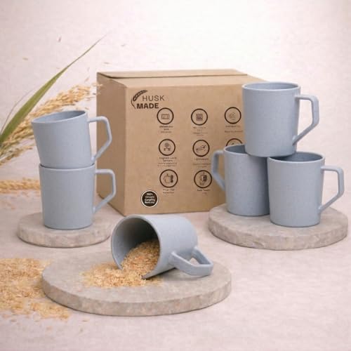 Image of Coffee Mug Set Made with Rice Husk & Bio Composite Material | TurtleBrew Coffee Mug Travel | Microwave & Dishwasher Safe | Light Blue | 200 ml | Pack of 6