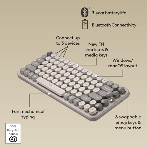 Image of Logitech POP Keys Mechanical Wireless Keyboard with Customizable Emoji Keys, Durable Compact Design, Bluetooth or USB Connectivity, Multi-Device, OS Compatible - Mist