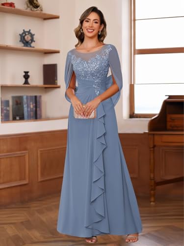 Lace Appliques Mother of The Bride Dresses with Ruffle Chiffon Cap Sleeve Evening Formal Dress PU2034