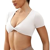 YEOREO Kyla Workout Crop Tops for Women Short Sleeve Twist Front Crop Tank Top Padded Sports Bra Casual Shirts Milk White M