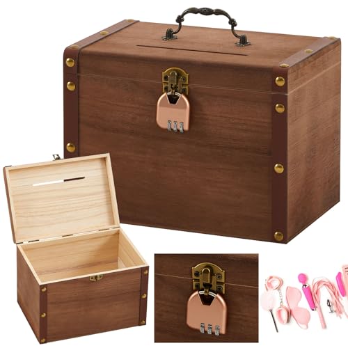 Geelin Wooden Lockable Game Toy Storage Organizer for Women Men, Private Adult Game Storage Container Case, Wooden Piggy Bank with Lock, Vintage Wood Treasure Chest, 9.45 x 6.3 x 7.09 Inches