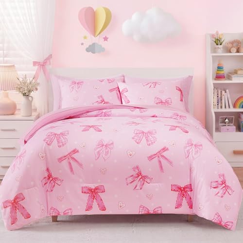Image of Queen Comforter Set for Girls Blush Pink Bow 7 Pieces Bed in a Bag