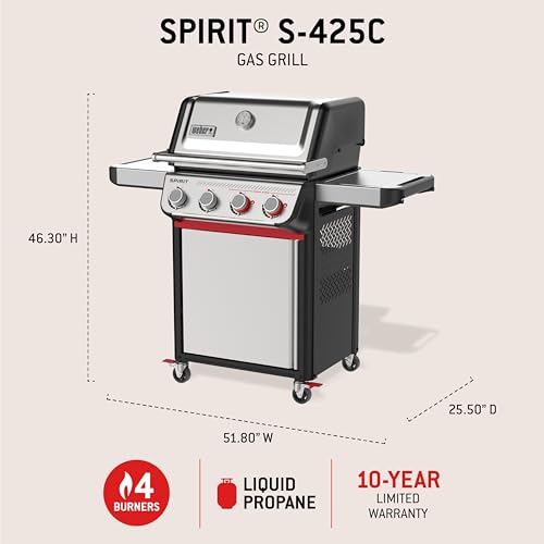 Image of Weber Spirit S‑425C Gas Grill (Liquid Propane) for Outdoor Cooking, 4 Burner - Stainless Steel with Porcelain-Enameled Cast-Iron Grates, 2 Boost Burners & Sear Zone