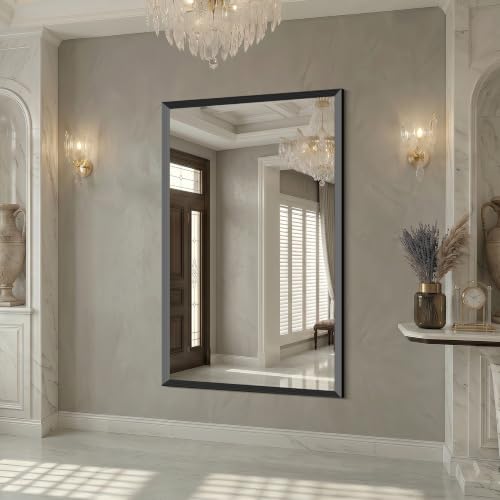 Image of DESBING Large Bathroom Mirror for Over Sink, 60 inch x 40 inch Black Rectangle Bathroom Mirrors for Double Vanity, Metal Ribbed Textured Framed Wall Mirror for Bathroom, Living Room, Bedroom,Dressing Room