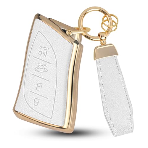 QBUC for Lexus Key Fob Cover with Keychain Upper Leather + Soft TPU Car Key Case Shell for Lexus 2018-2025 ES350 ES300h UX200 RX350 RX450h NX300h GX460 TX550 LX600 LS500 LC500h 4 Buttons(White)