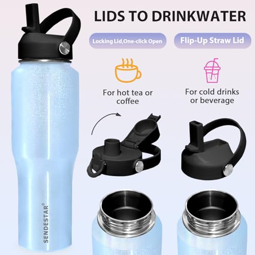 Image of SENDESTAR 32oz Stainless Steel Water Bottle(Cold for 48 Hrs, Hot for 24 Hrs),Double Wall Vacuum Insulated Bottle with Straw Lid, Spout Lid and Flex Cap, Fit in Any Car Cup Holder