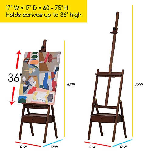 Image of MEEDEN Studio H-Frame Easel with Art Supply Storage Drawer - Adjustable (60 inch~75 inch) Solid Beech Wood Easel Stand for Artists, Students and Adults, Holds Canvas Art up to 36 inch - Walnut