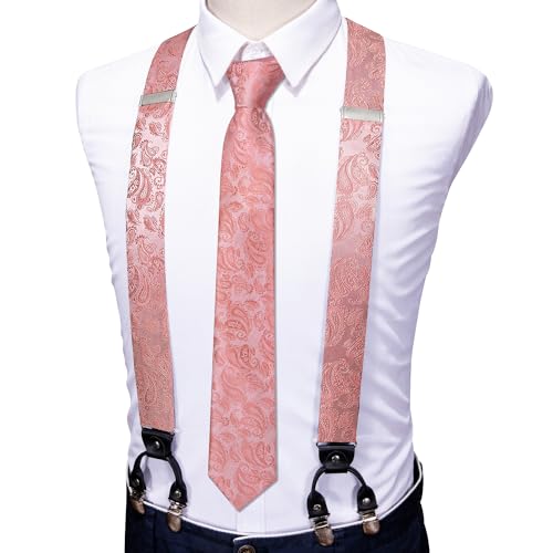 Image of Barry.Wang Men Suspender Set with Necktie Elastic Y Type Heavy Duty 6 Clips Braces Tie Handkerchief Cufflink Pin 6PCS